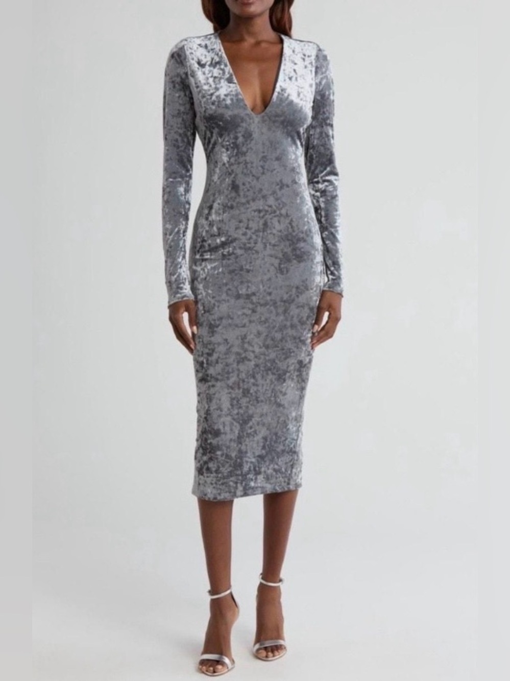 Good American Crushed Velvet Silver Grey Carbon Midi V-Neck Dress, size M